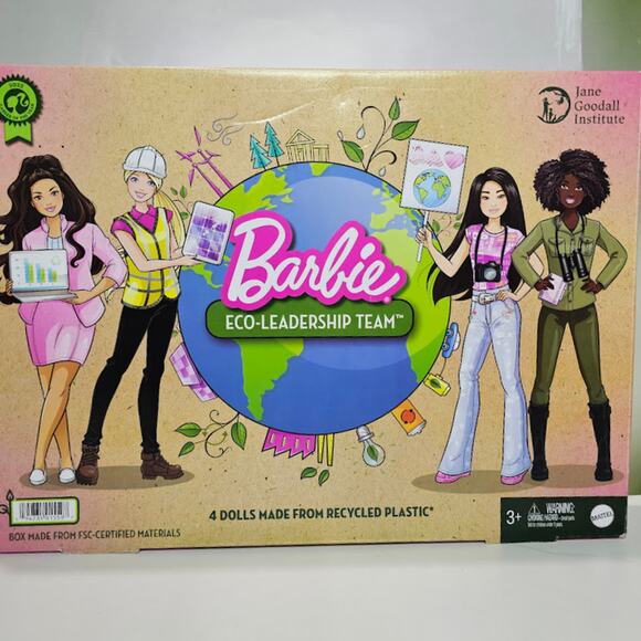 Barbie Eco-Leadership Team 4 Doll Set Recycled Clothes Fabric, Accessories NIB - Picture 1 of 10